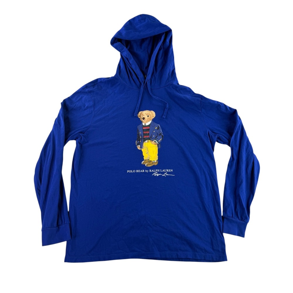 Polo Ralph Lauren Hooded T-Shirt Mens Large Blue Polo Bear Graphic Long Sleeve